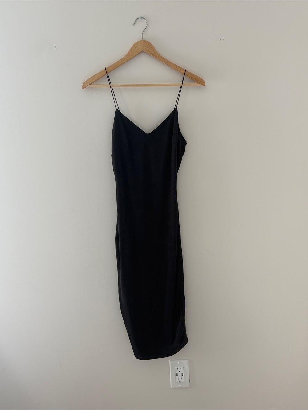 Seven Sisters Minimalist Black Suede Maxi Dress with Spaghetti Straps -